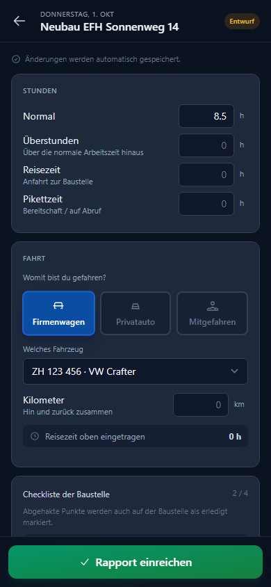 Rapport mit Stunden in der Mitarbeiter-App