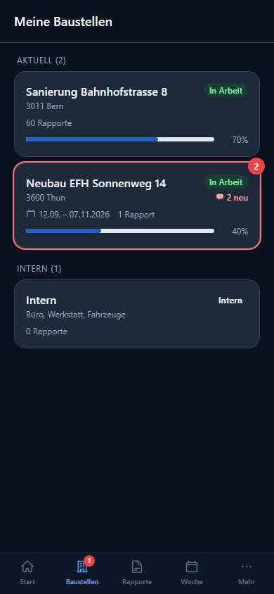 Meine Baustellen in der App, darunter «Intern» für Büro, Werkstatt und Fahrzeuge
