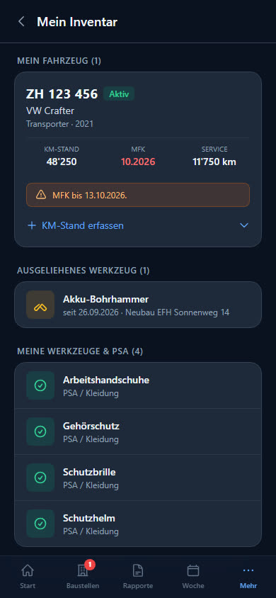 «Mein Inventar» in der App: Fahrzeug, ausgeliehenes Werkzeug und Schutzausrüstung