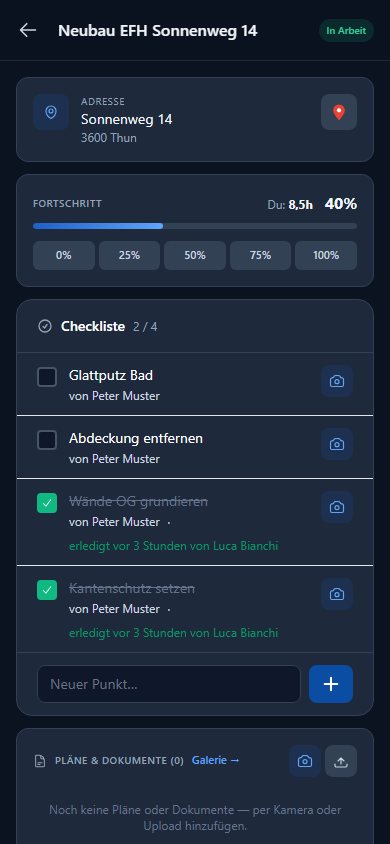 Baustelle mit Fortschritt und Checkliste in der App