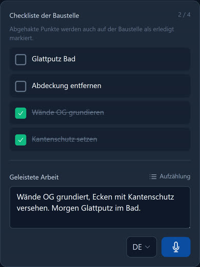 Checkliste der Baustelle und geleistete Arbeit im Rapport