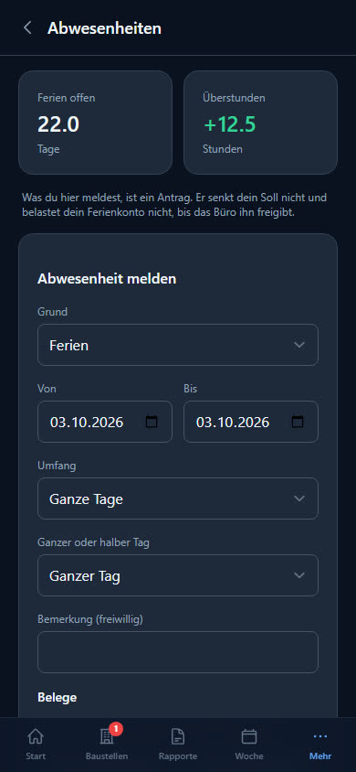 Abwesenheit am Handy melden