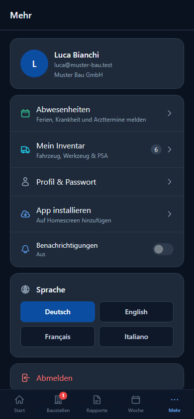 Seite «Mehr» der Mitarbeiter-App mit Abwesenheiten, Inventar und Sprache