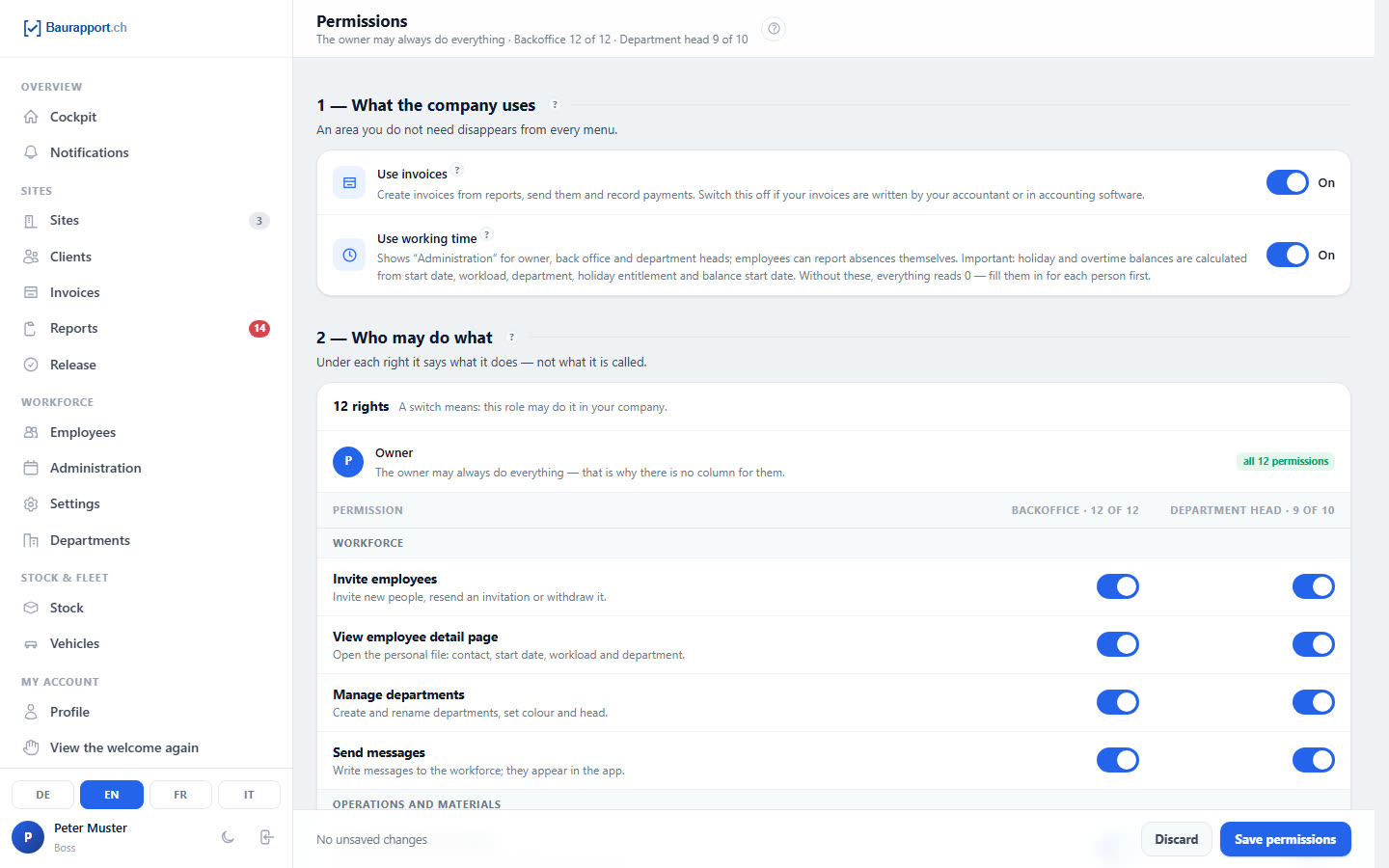 Permissions per role
