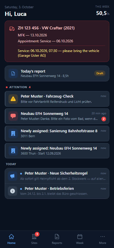 Home page of the employee app with today's report and messages from the boss