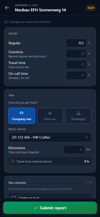Recording hours in the report