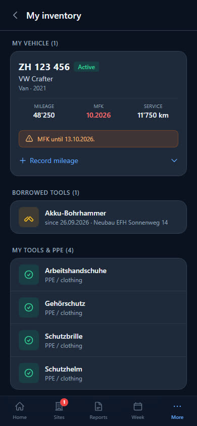 «My inventory» in the app: vehicle, borrowed tools and protective equipment