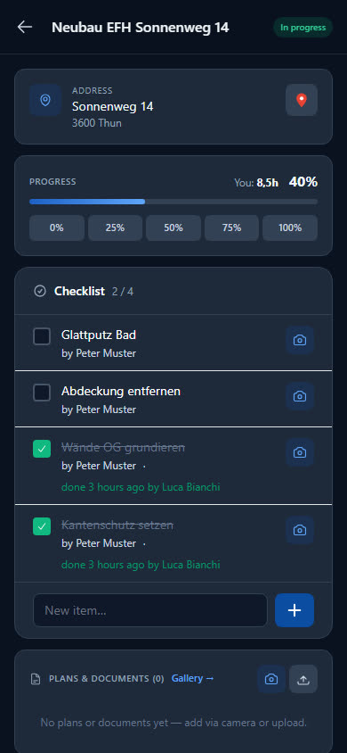 Site in the app with progress and checklist