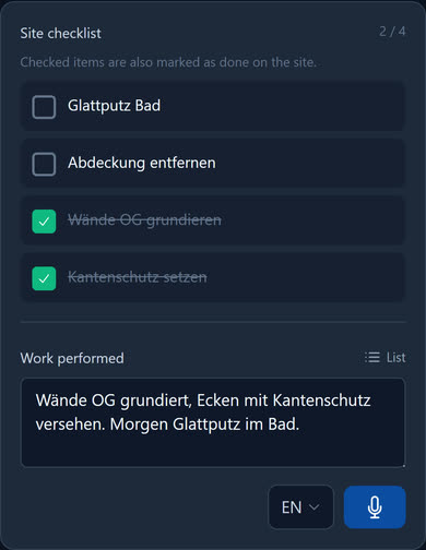 Site checklist and work performed in the report