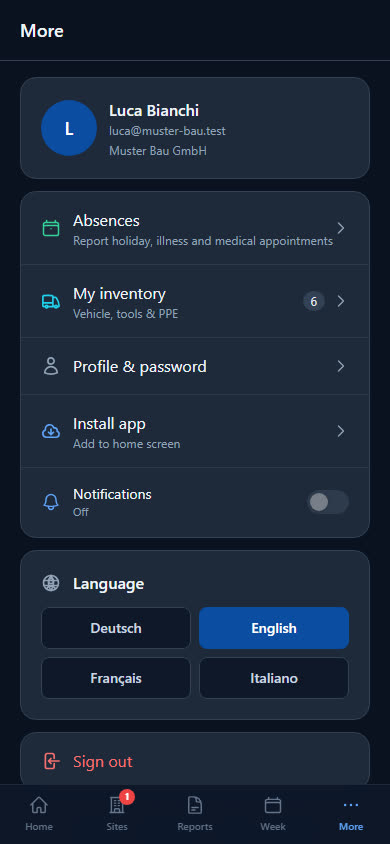 The “More” page of the employee app with absences, inventory and language