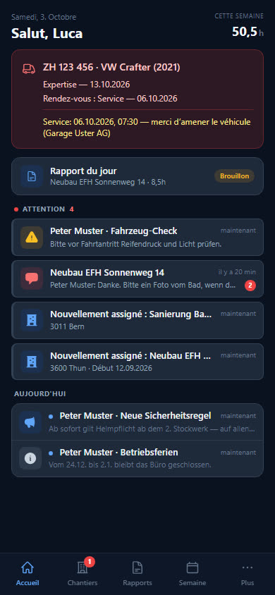 Page d’accueil de l’app collaborateur avec le rapport du jour et les messages du patron