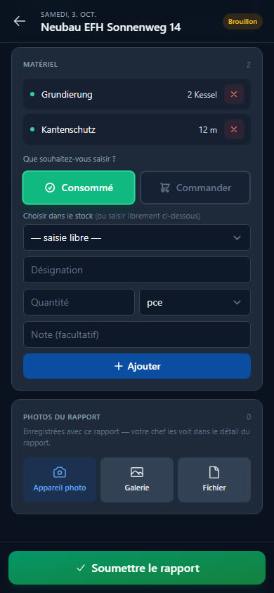 Matériel dans le rapport : utilisé ou à commander