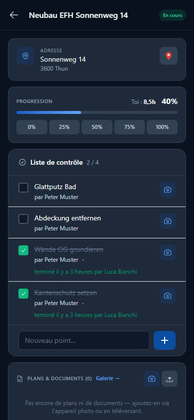 Chantier dans l’app avec avancement et check-list
