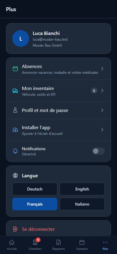 Page « Plus » de l’app collaborateur avec absences, inventaire et langue