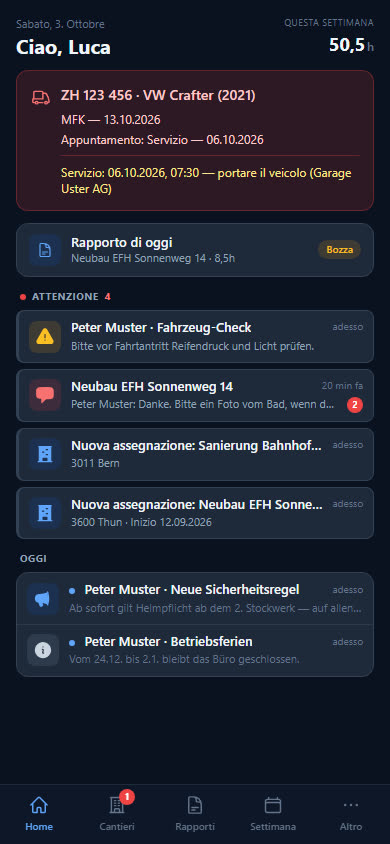 Pagina iniziale dell'app per i collaboratori con il rapporto di oggi e le comunicazioni del titolare
