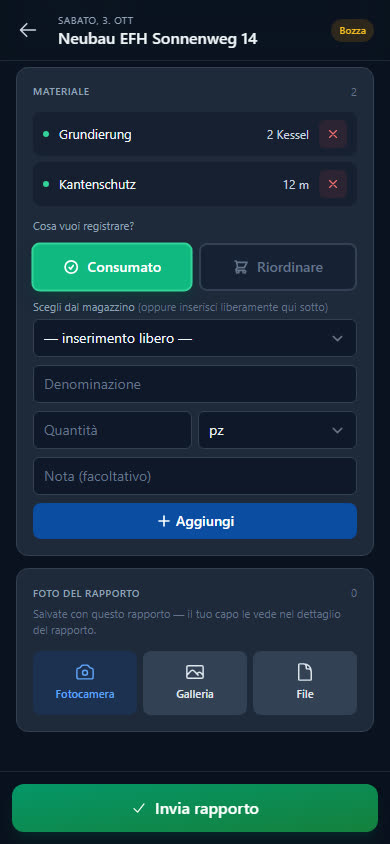 Materiale nel rapporto: consumato o da riordinare