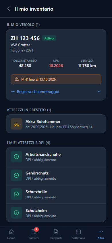 «Il mio inventario» nell'app: veicolo, attrezzi in prestito e dispositivi di protezione