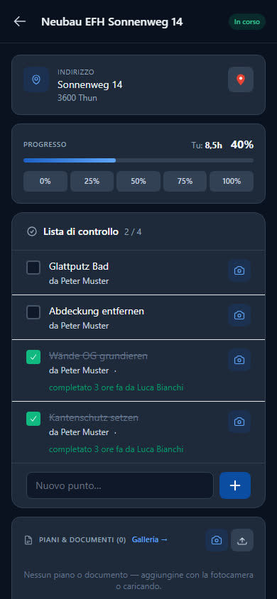 Cantiere nell'app con avanzamento e lista di controllo