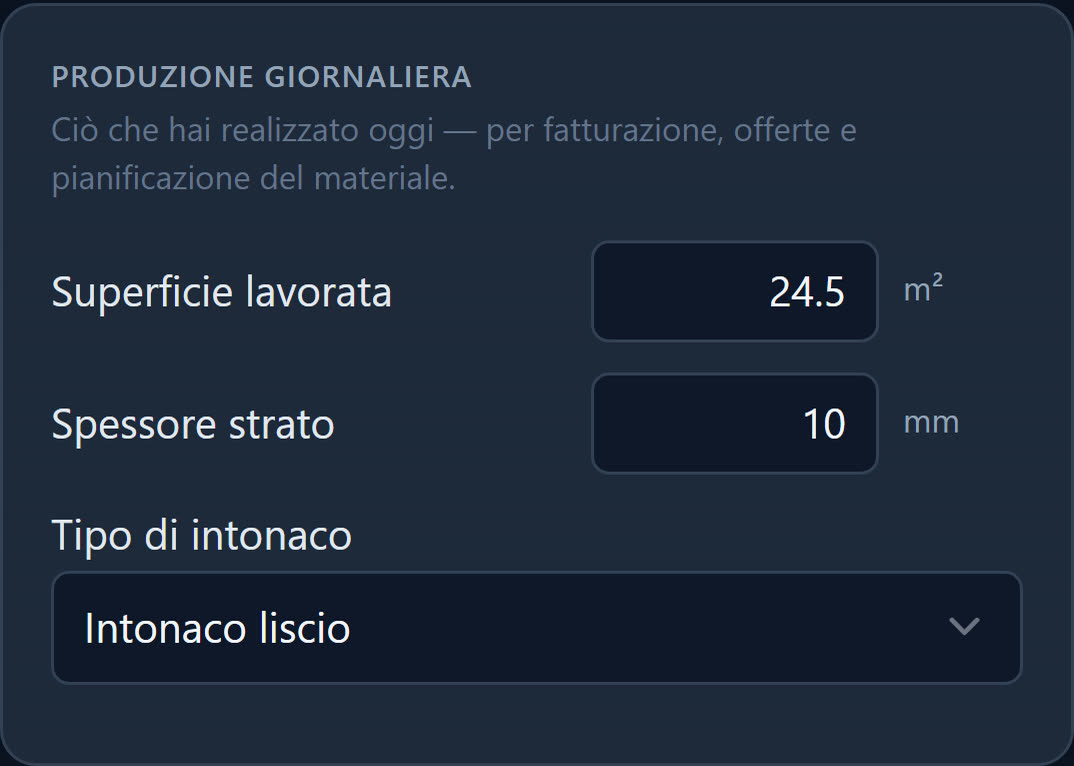 Produzione giornaliera nel rapporto del gessatore: superficie lavorata, spessore dello strato e tipo di intonaco